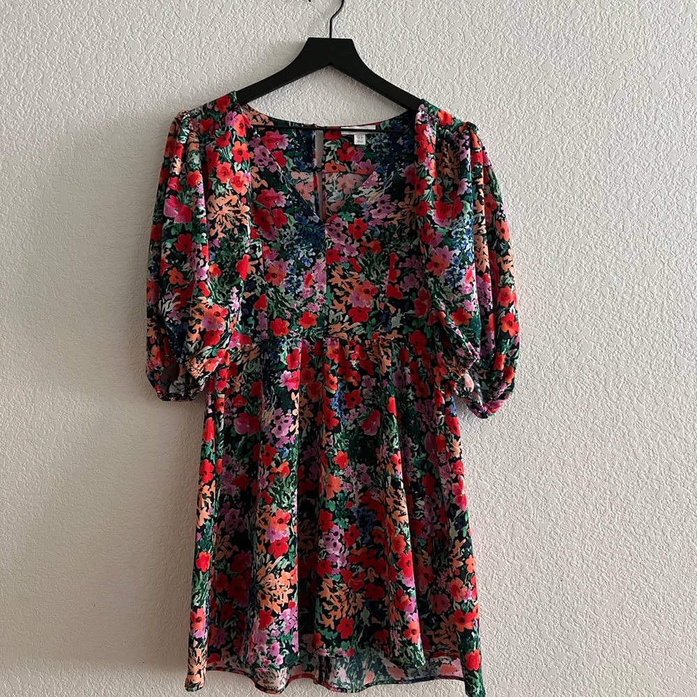 Top Shop Puff Sleeve V-Neck Mini Dress in Bright Florals
